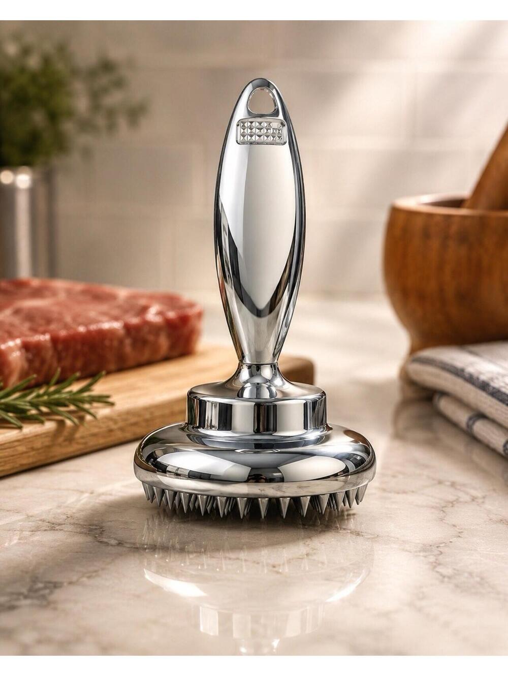 Pampered Chef 2000s Chrome Meat Tenderizer Pounder Mallet, 6x3”
